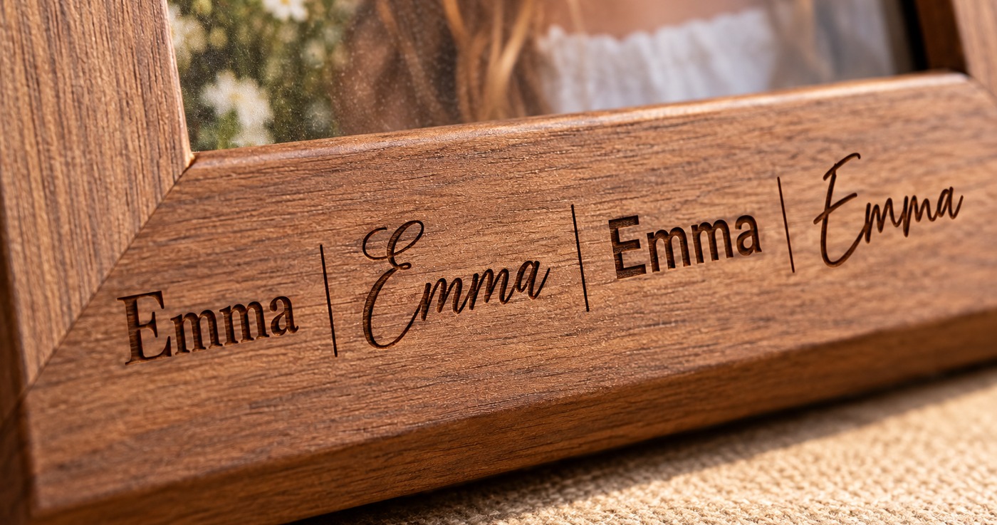 Close-up of a walnut frame engraved with the name Emma in four fonts: serif, script, bold sans and handwritten