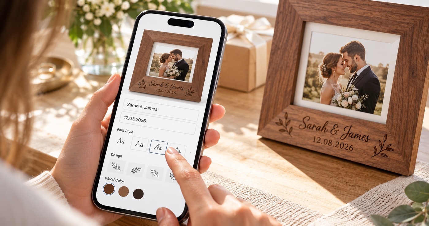 Phone showing a walnut frame being personalized with Sarah & James, a date, a font and a wood color, next to the finished engraved frame