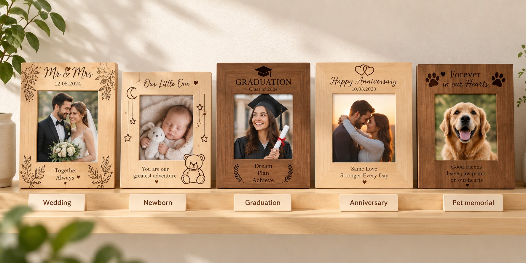 Five engraved frames on a shelf labelled Wedding, Newborn, Graduation, Anniversary and Pet memorial, each with a matching photo and engraved message