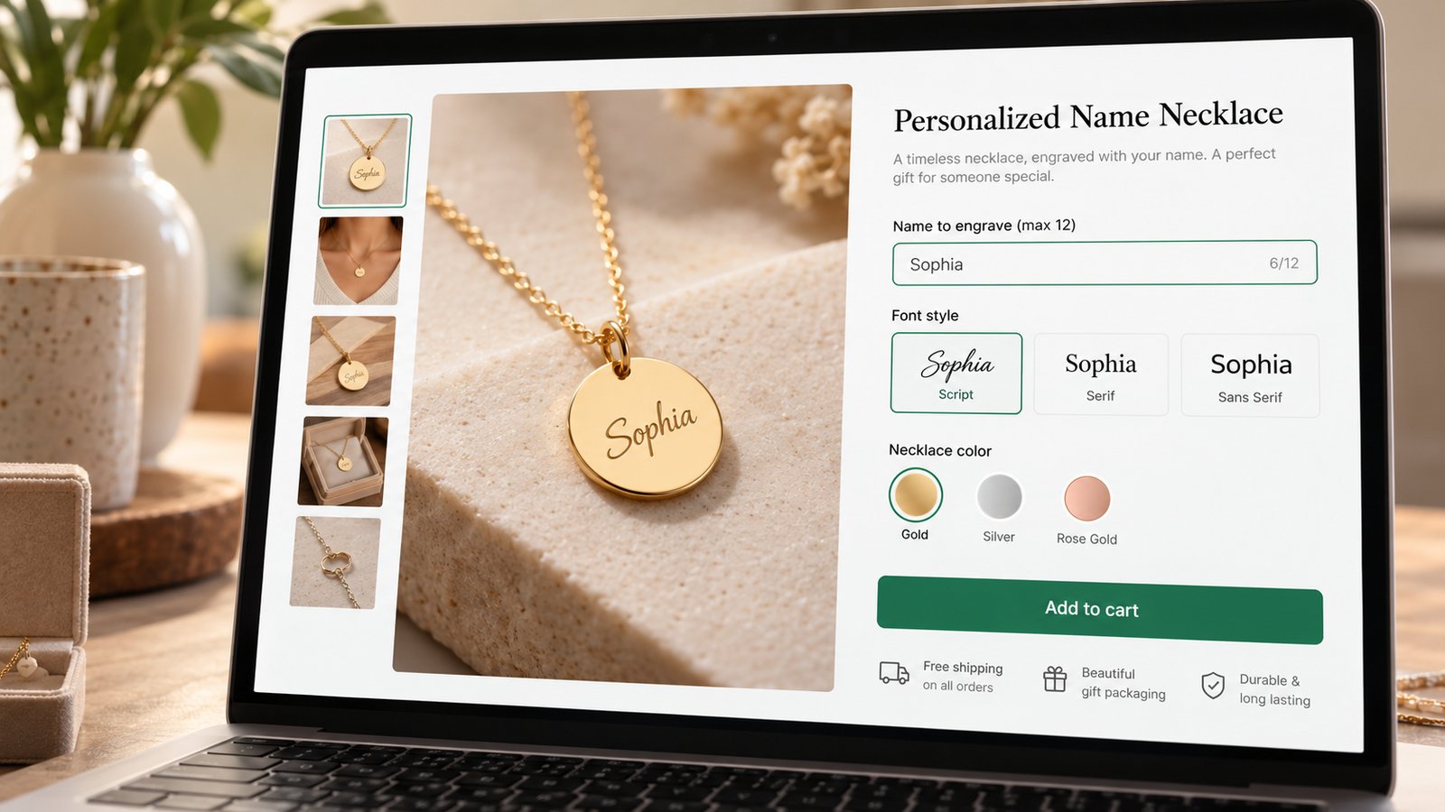 Laptop showing a personalized name necklace product page with a Name to engrave field reading Sophia, a 6/12 character counter, script, serif and sans serif font choices, gold, silver and rose gold swatches and a live preview of the engraved pendant