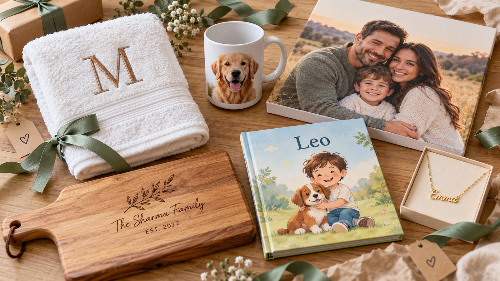 Personalized gifts on a wooden table: a towel embroidered with M, a mug with a golden retriever photo, a family canvas print, a cutting board engraved The Sharma Family Est. 2022, a kids book with Leo on the cover and a name necklace reading Emma