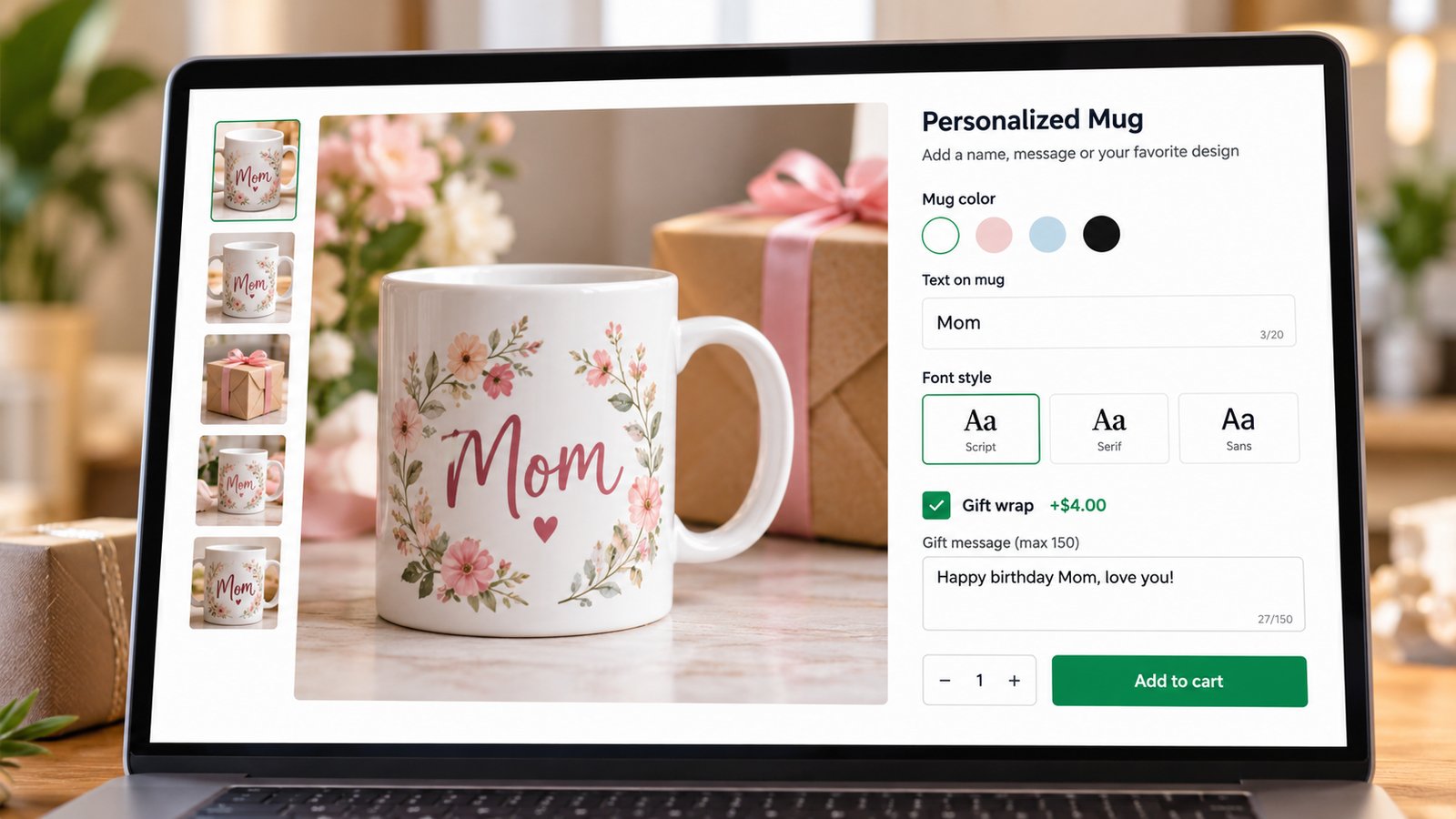 Personalized mug product page with Mom typed on the mug, a script font selected, a ticked Gift wrap option for $4.00 and a gift message box reading Happy birthday Mom, love you!