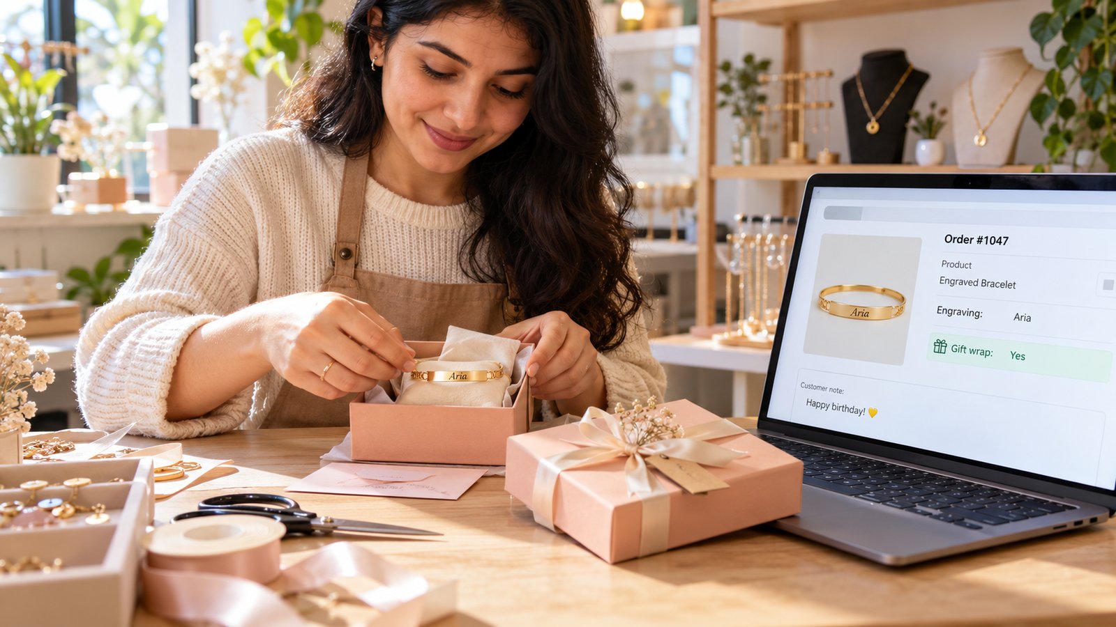 A jewelry shop owner packing a gold bracelet engraved Aria into a gift box, next to a laptop showing the order with Engraving: Aria and Gift wrap: Yes