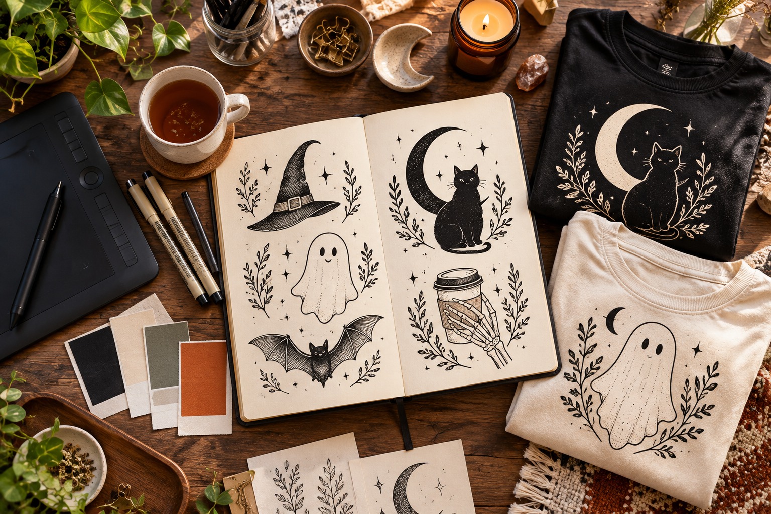 Designer's desk with a sketchbook of original witch, ghost, vampire and black cat drawings next to printed test tees in black and cream