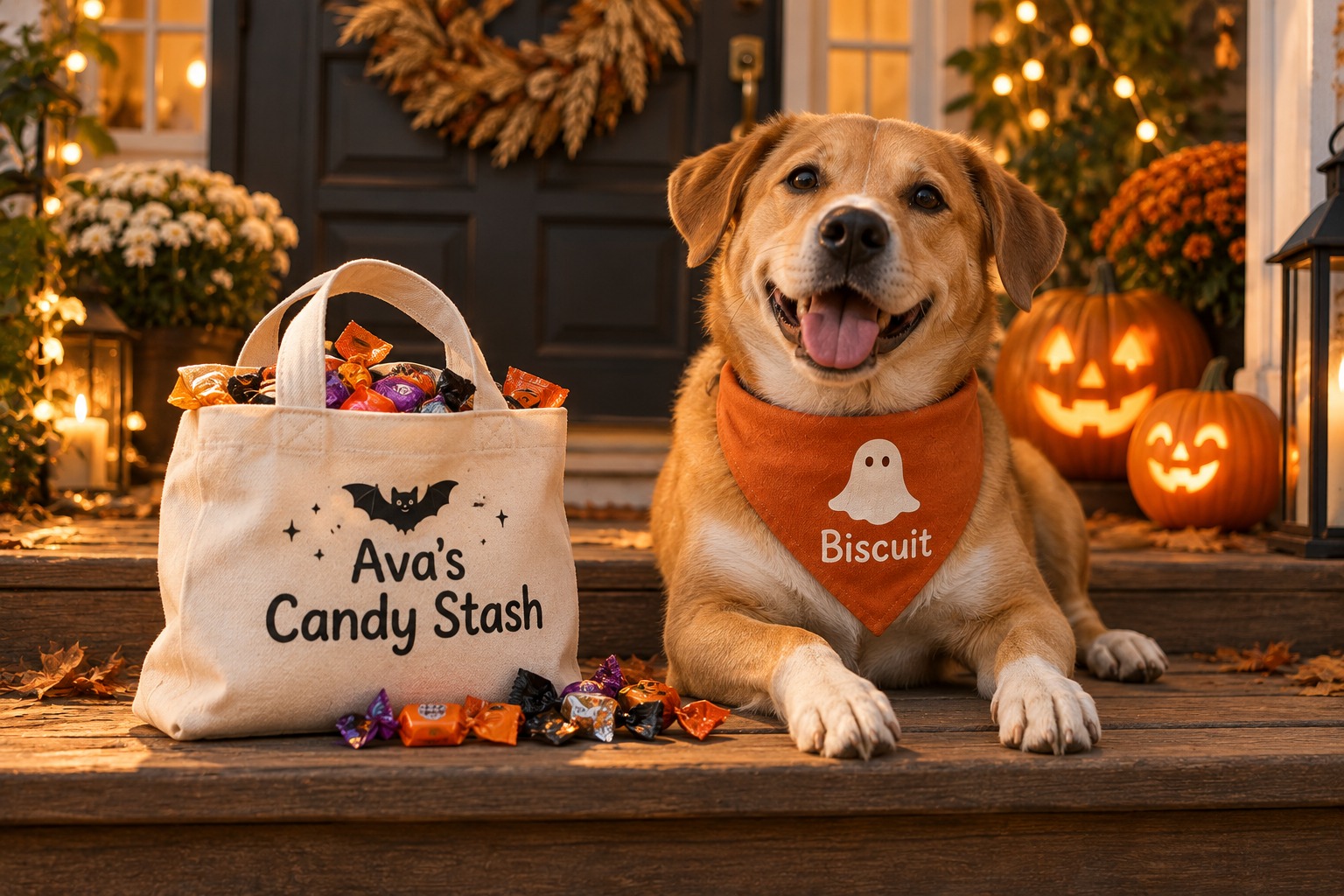 Personalized Halloween items on a porch step: a canvas treat bag printed Ava's Candy Stash with a small bat, and a dog wearing an orange bandana printed with the name Biscuit