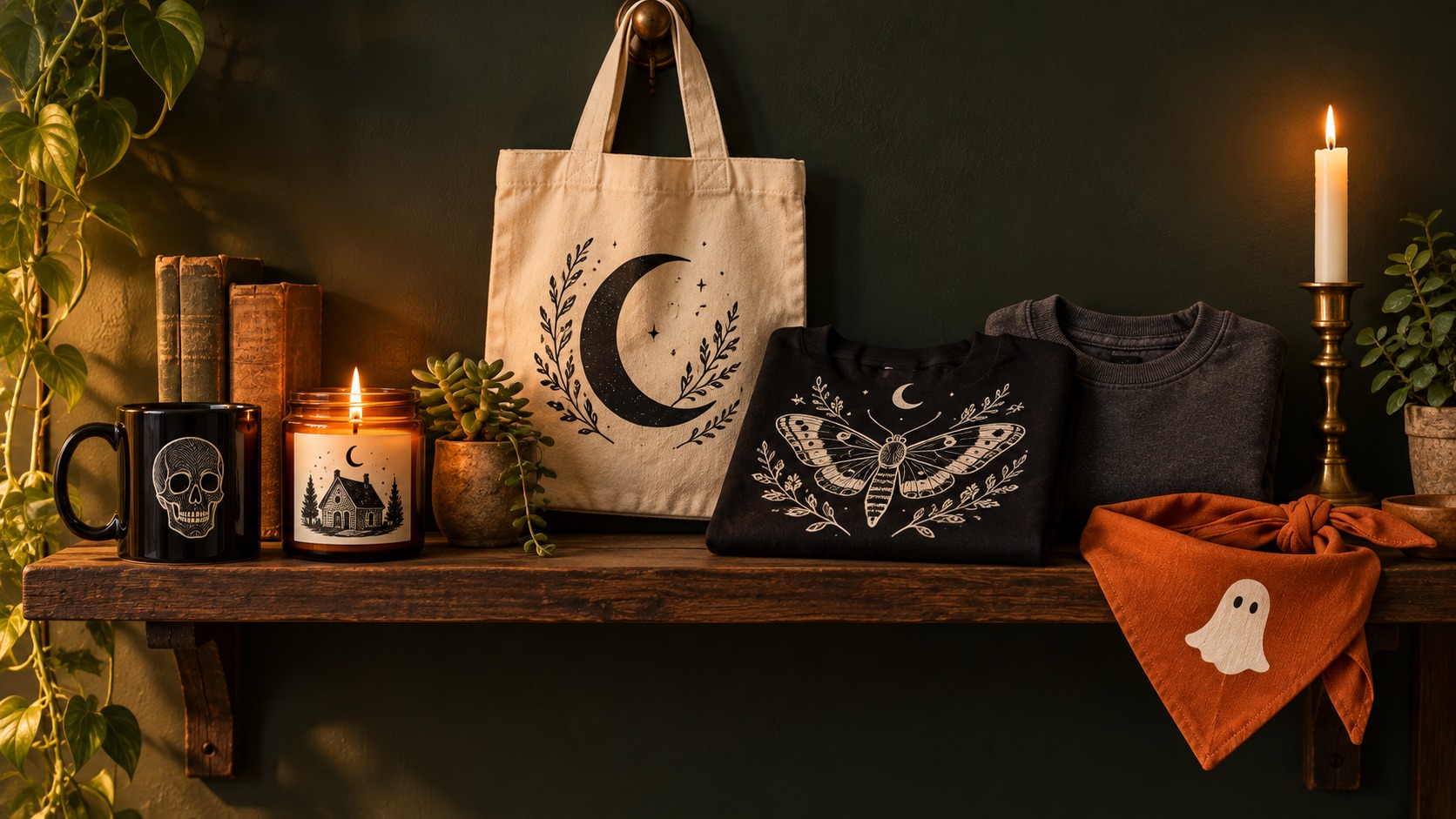 Spooky print-on-demand product lineup on a dark shelf: black skull mug, soy candle with a witch cottage label, tote bag with a crescent moon, folded sweatshirt and a pet bandana
