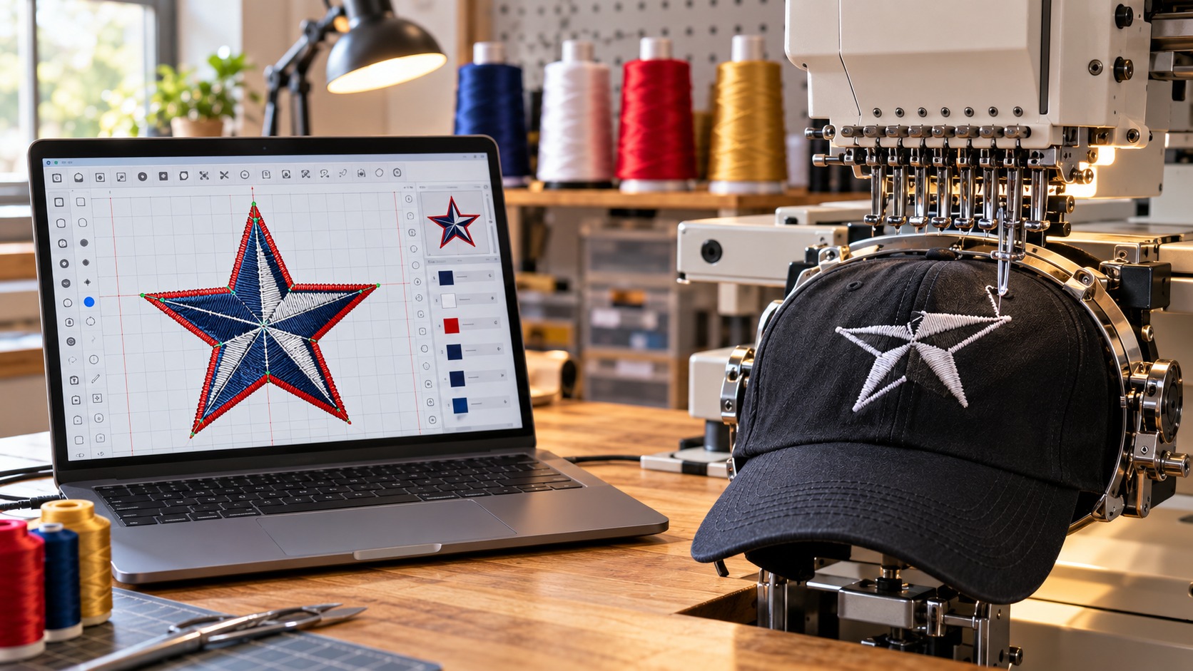 Laptop showing embroidery digitizing software with a simple logo converted to stitch paths, next to a cap clamped in an embroidery machine hoop