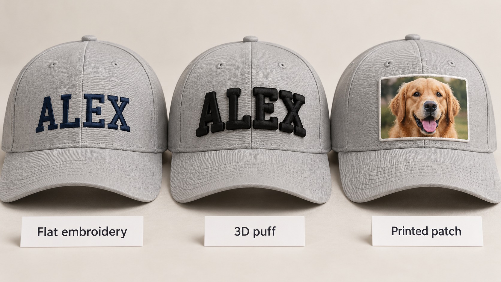 Three caps side by side: flat embroidered text, raised 3D puff letters and a full-color printed patch with a dog photo
