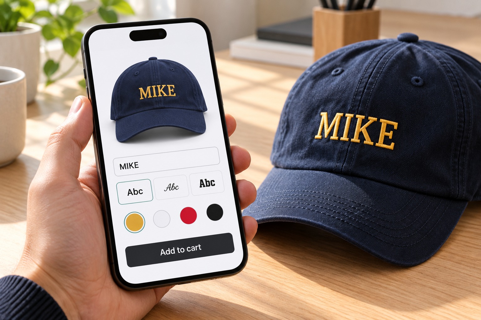 Phone showing a Shopify product page where a navy dad cap previews the name MIKE in gold thread, with font and thread color swatches