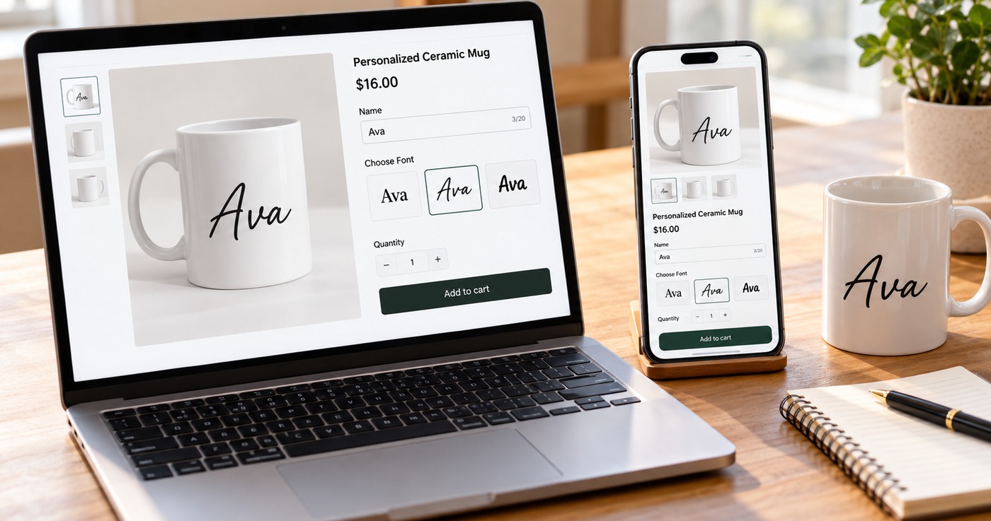 Laptop and phone side by side on a desk, both showing a product page for a white mug with a Name field filled in with Ava, a font choice selected and a live preview of the name printed on the mug