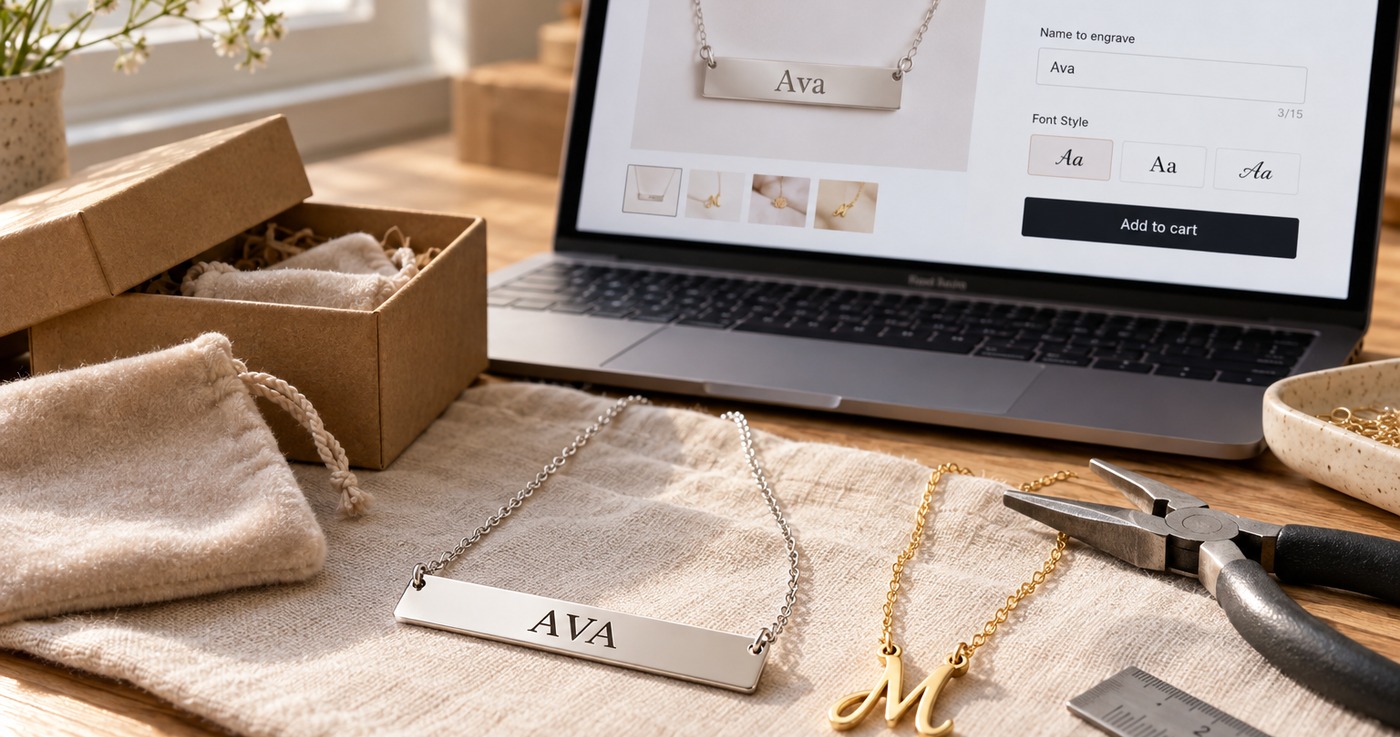 Jeweller's bench with an engraved silver bar necklace reading Ava, a gold initial necklace and a laptop showing a product page with a live preview of the name