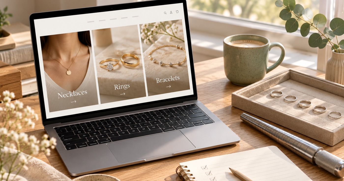 Laptop on a pale oak desk showing a simple jewelry store homepage with Necklaces, Rings and Bracelets tiles, beside a planning notebook, a ring mandrel and a tray of sterling silver rings