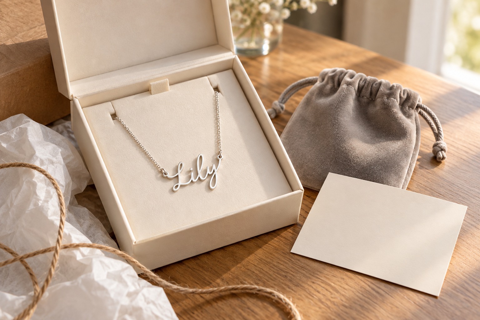 Open rigid gift box with a silver name necklace clasped to a card insert, a velvet pouch, a blank message card and tissue paper on a wooden table