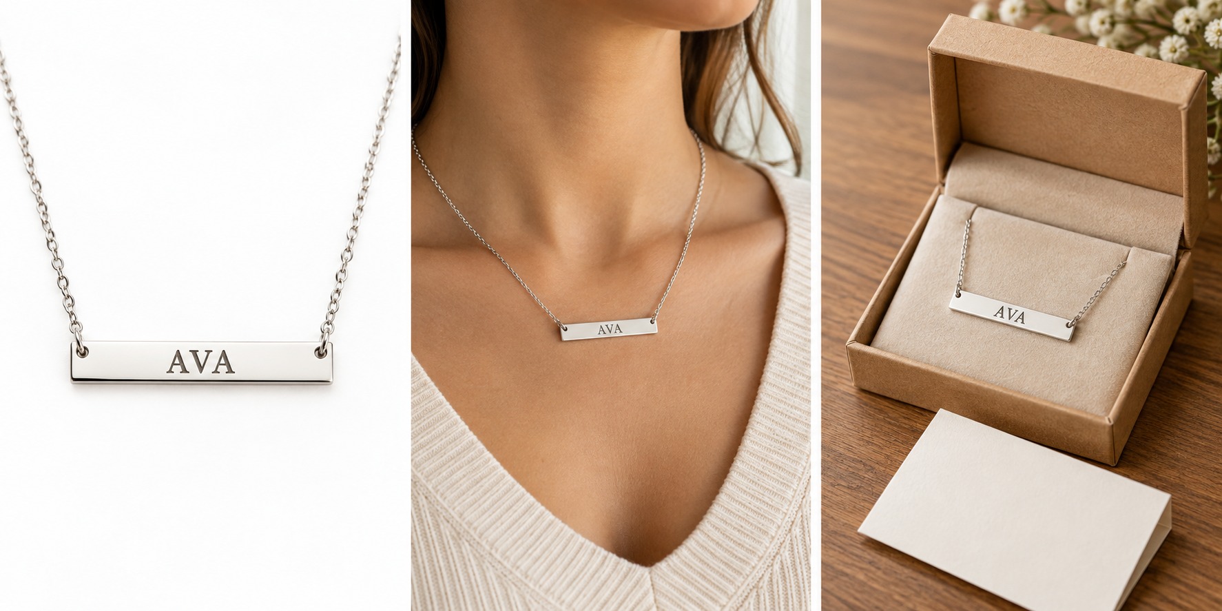 Three photos of the same engraved silver bar necklace: on a white background, worn on a neck, and in an open gift box with a card