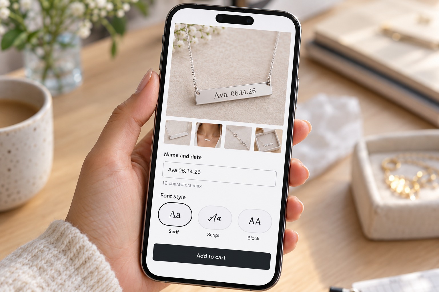 Smartphone showing a bar necklace product page with a Name field reading Ava 06.14.26, a 12 characters max hint, three font choices and a live preview on the bar