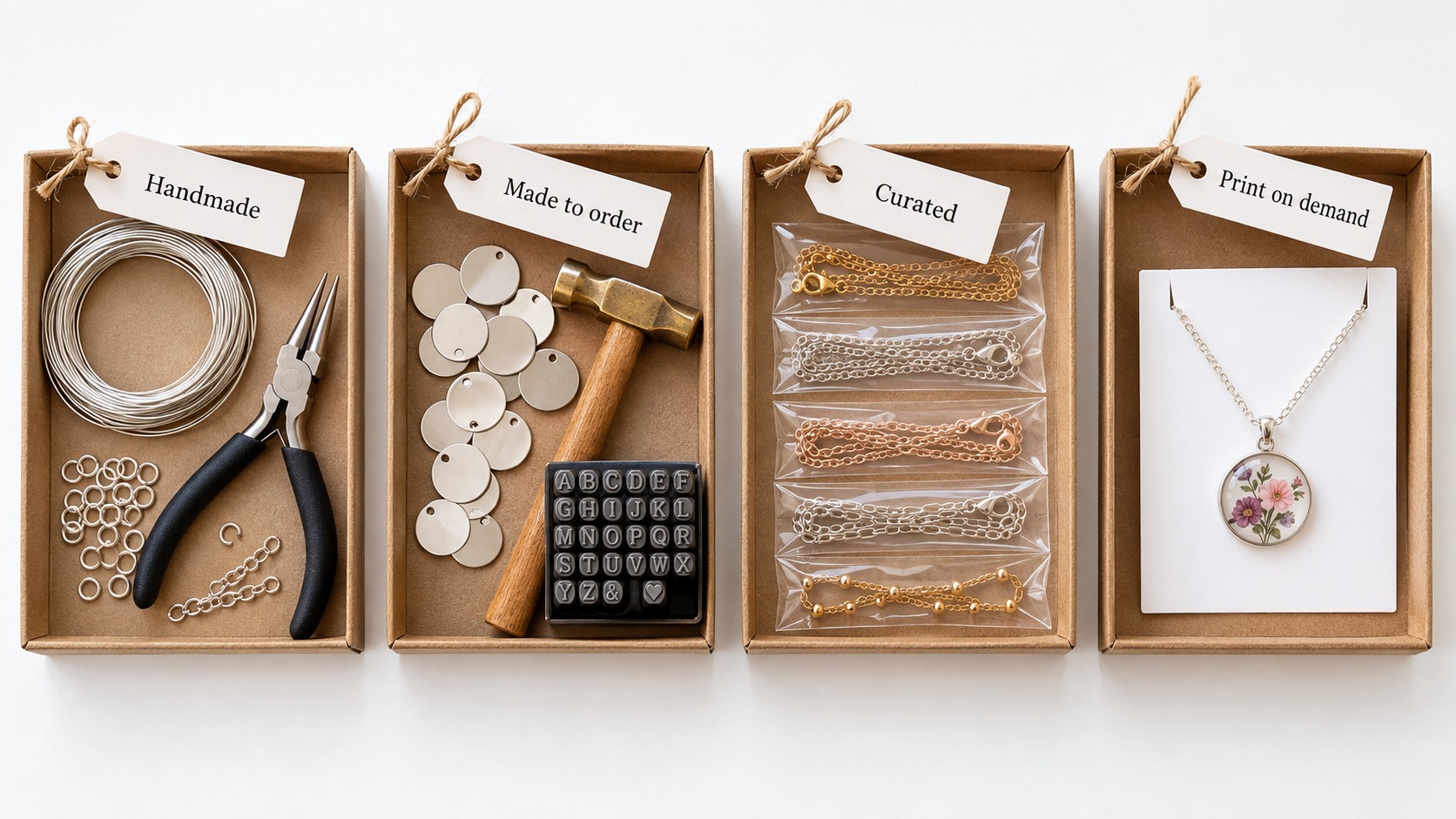 Four kraft trays on a white table, tagged Handmade, Made to order, Curated and Print on demand, holding wire and pliers, blank discs with a stamp set, bagged chains and a printed pendant on a card
