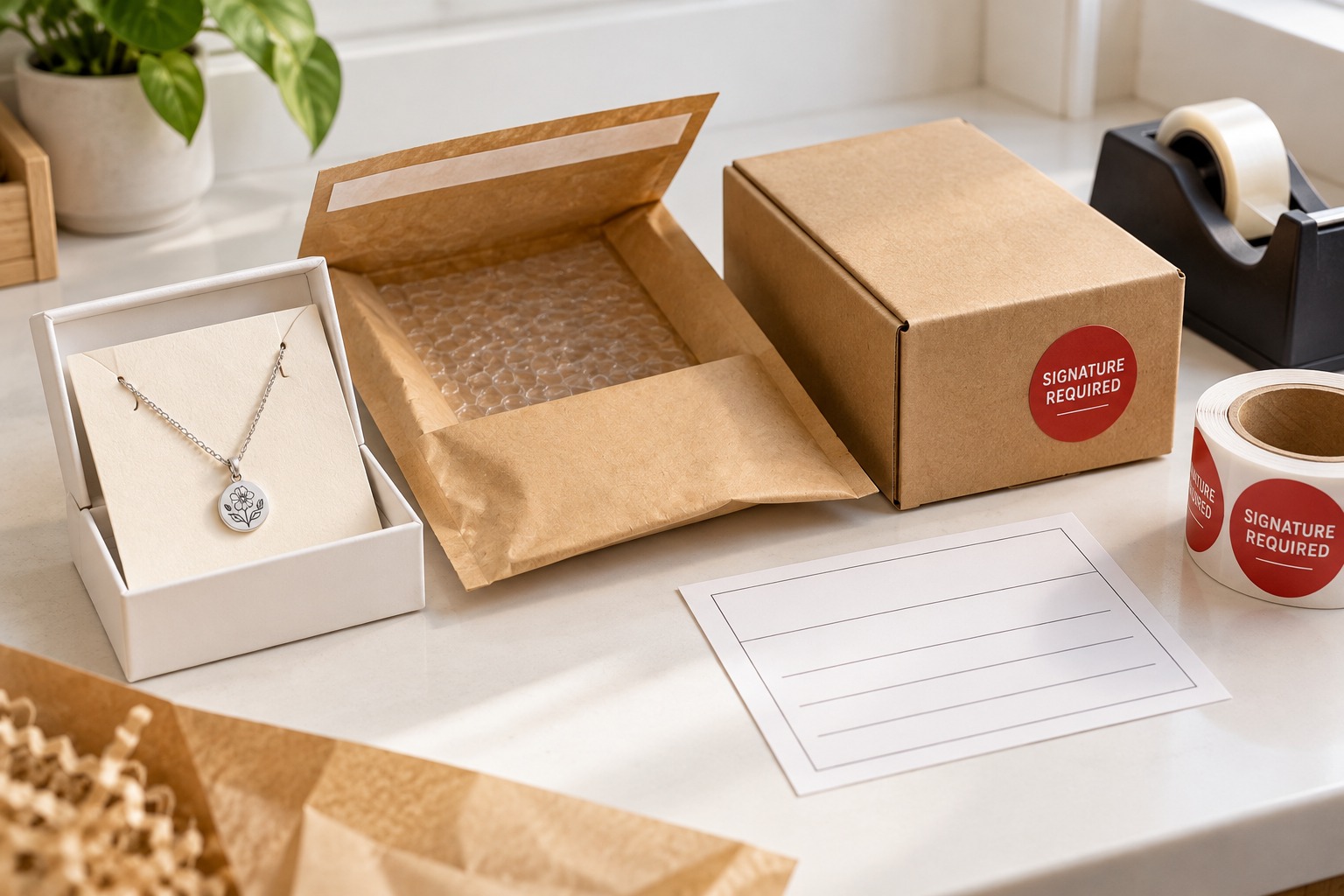 Packing station with a necklace clipped to a card insert in a small rigid box, a padded mailer, a plain kraft outer box and a Signature Required sticker