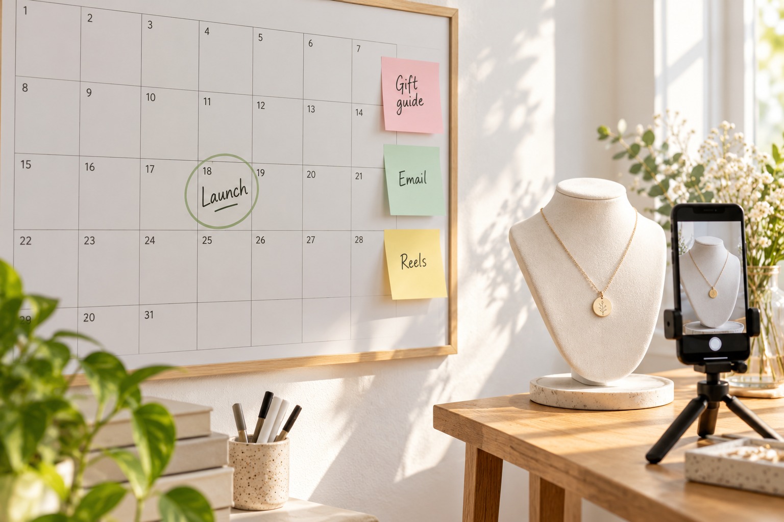 Monthly wall planner with one date circled and marked Launch, sticky notes reading Gift guide, Email and Reels, and a phone on a mini tripod filming a necklace on a bust