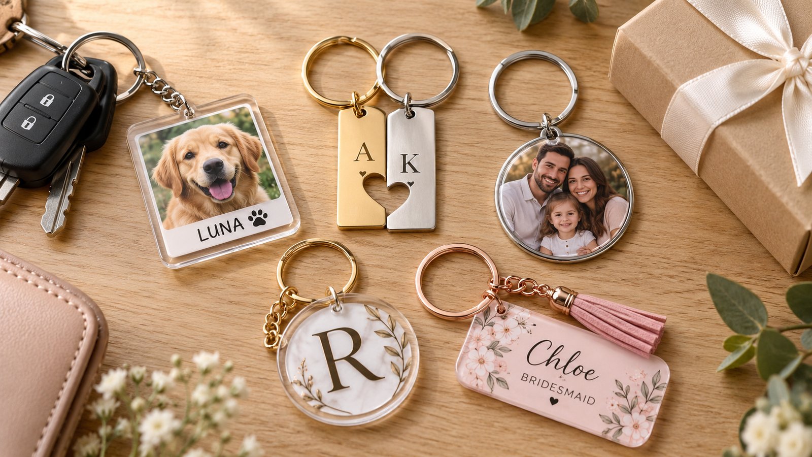 Personalized keychains: a pet photo acrylic keychain, an engraved couple pair, a Drive safe bar keychain and an initial keychain