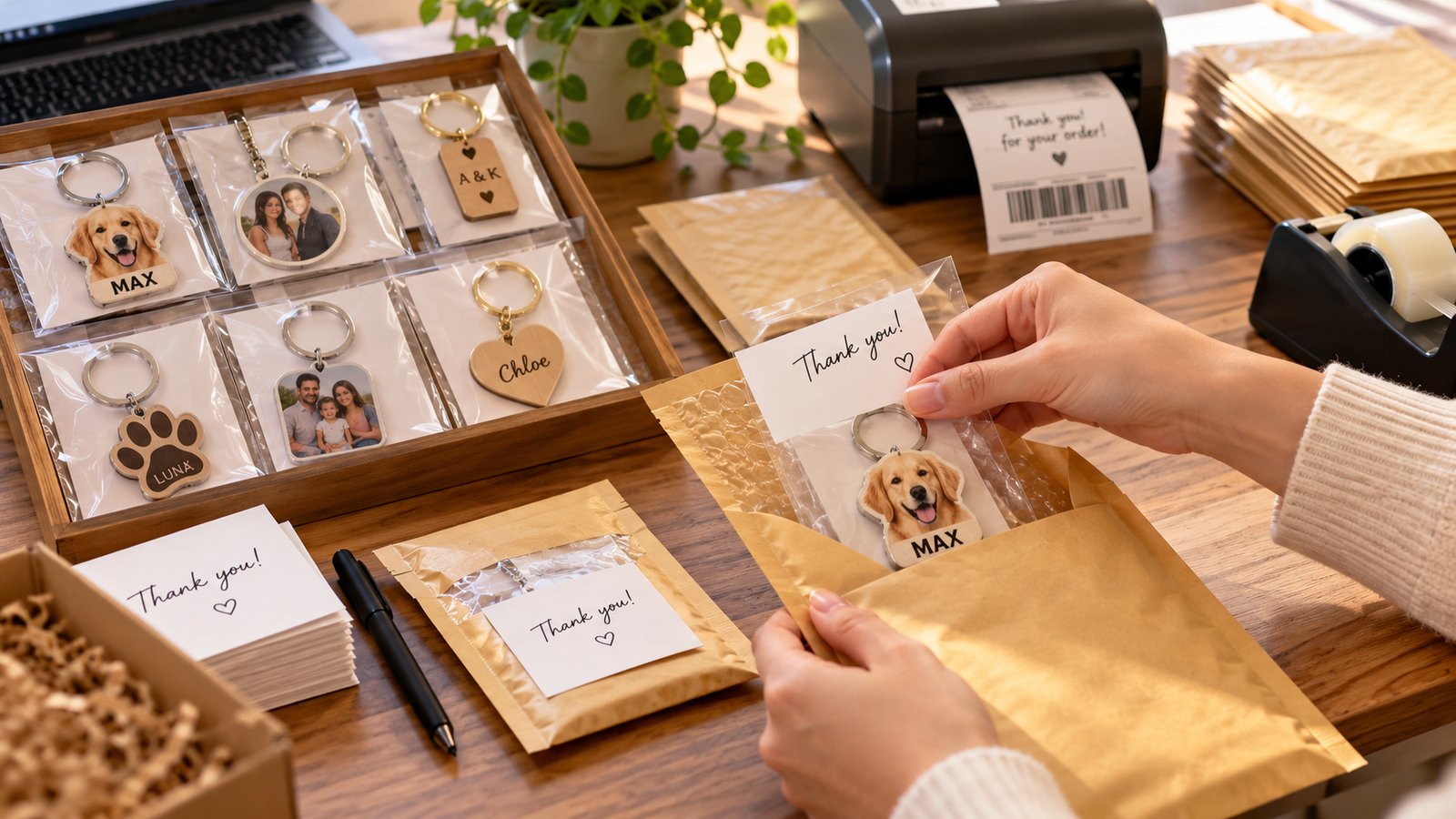 Personalized keychains being packed into small padded mailers with thank-you cards