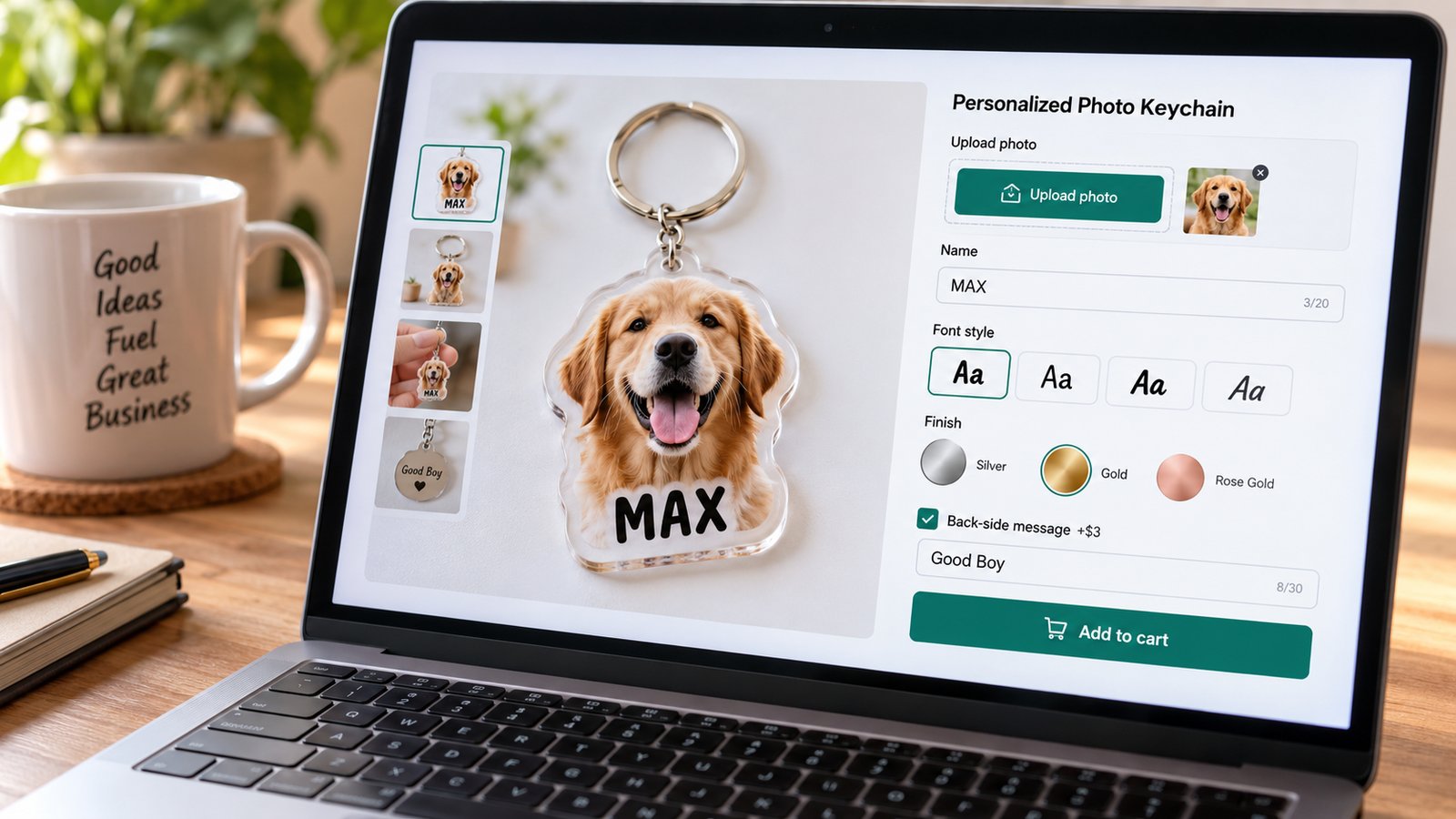 Illustration of a keychain product page with a photo upload, a name field, font choices, finish swatches and a live preview