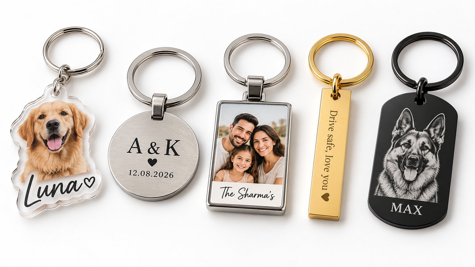 Acrylic, stainless steel, metal photo, bar and dog tag keychains laid out side by side