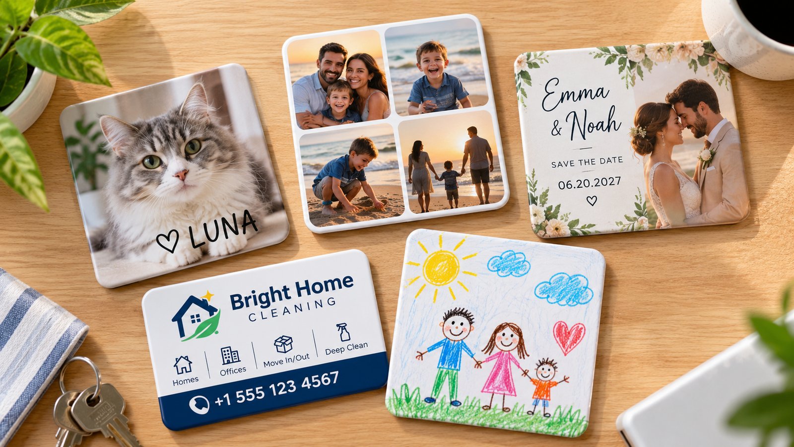 A collection of personalized fridge magnets: a pet photo magnet with a name, a family photo set, a save-the-date magnet and a business card magnet