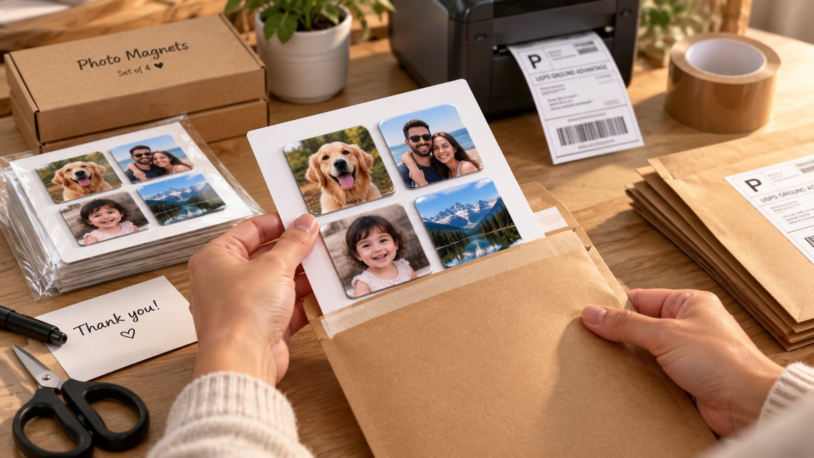 Hands packing a set of personalized photo magnets with a stiff card into a flat mailer envelope