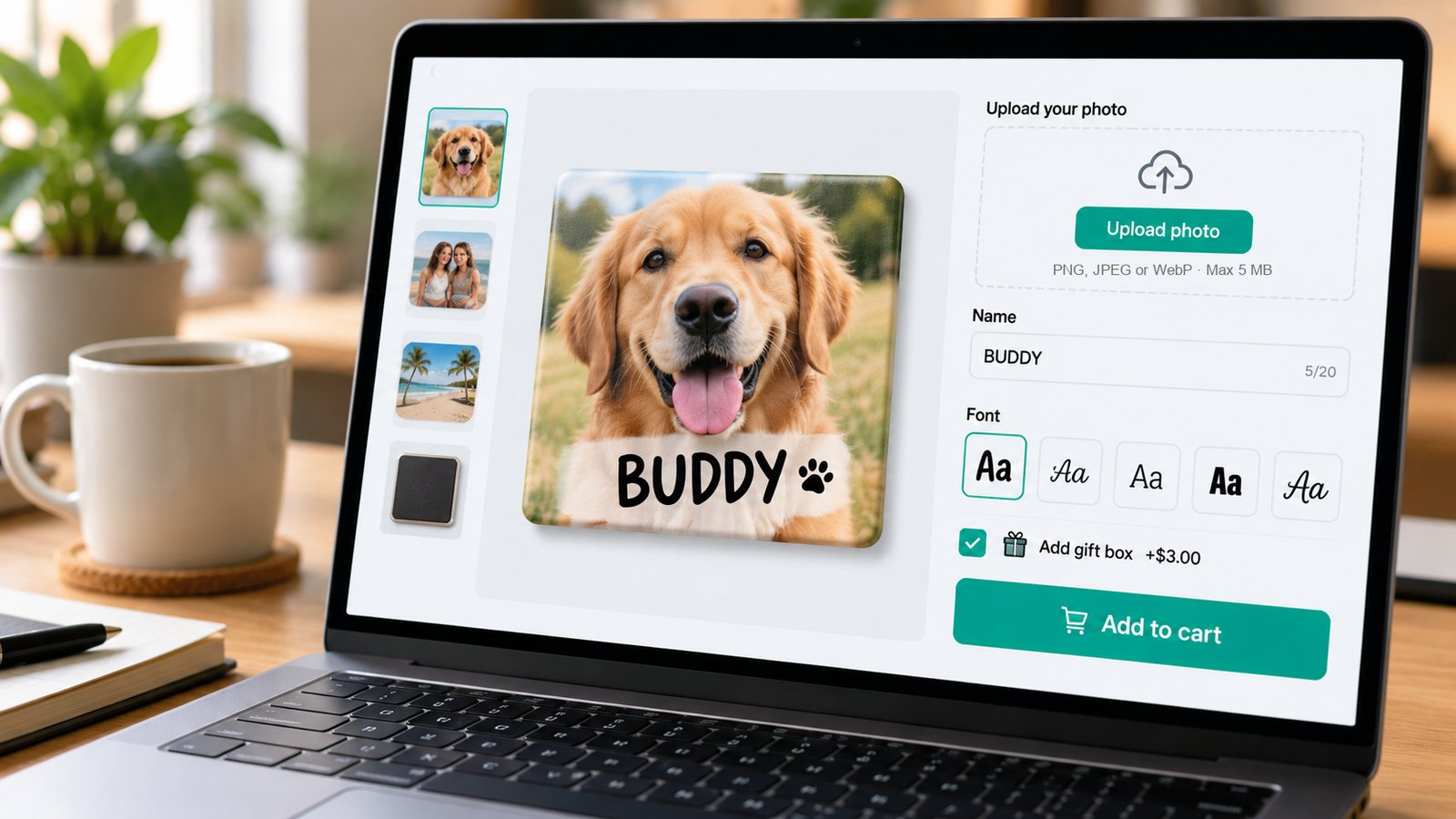 Illustration of a magnet product page with a photo upload area, a name field, font choices and a live preview of a square photo magnet