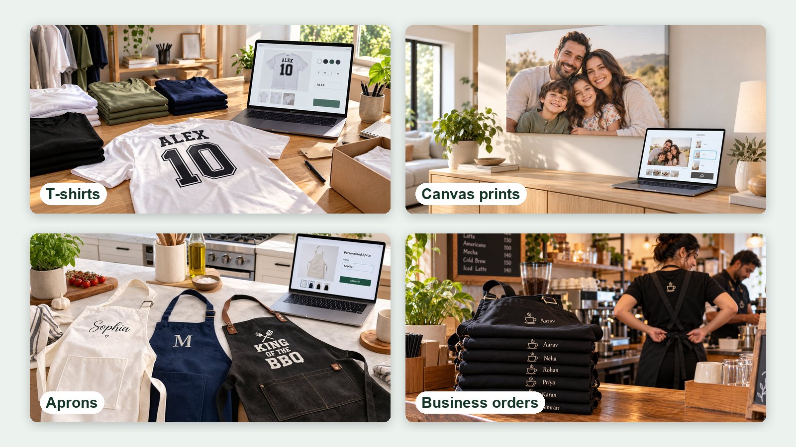 Grid of personalized products: a name and number t-shirt, a family canvas print, three personalized aprons and a stack of cafe aprons embroidered with staff names