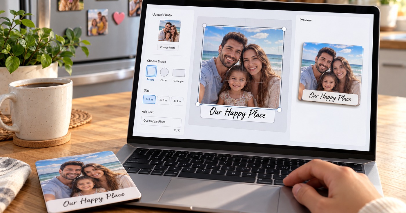 Laptop showing an online photo magnet editor with an uploaded family beach photo, shape and size options, an Our Happy Place text field and a live preview, next to the printed magnet