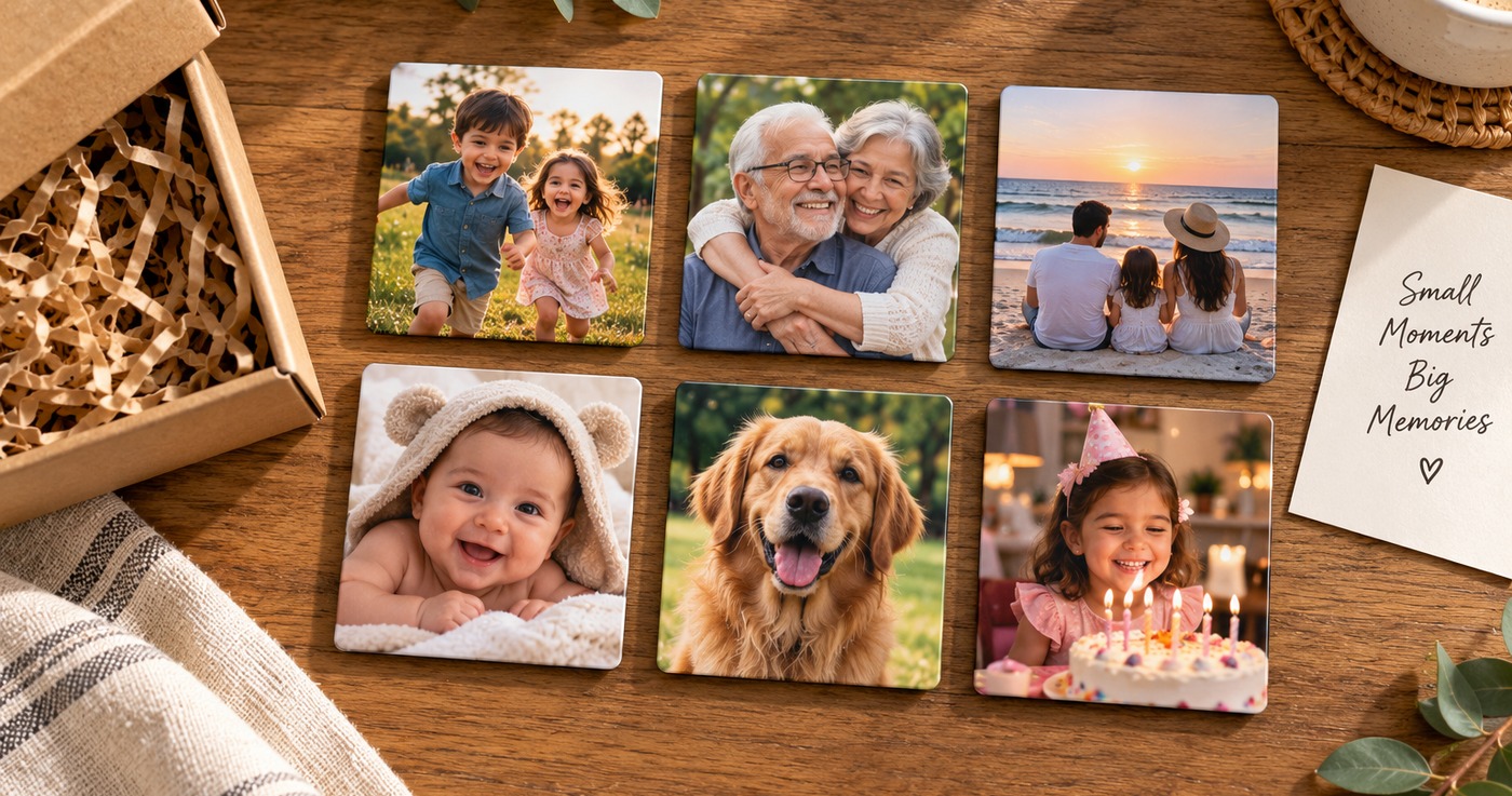 Six square photo magnets on a wooden table: children running, grandparents hugging, a family at the beach, a baby, a golden retriever and a birthday girl, next to a gift box
