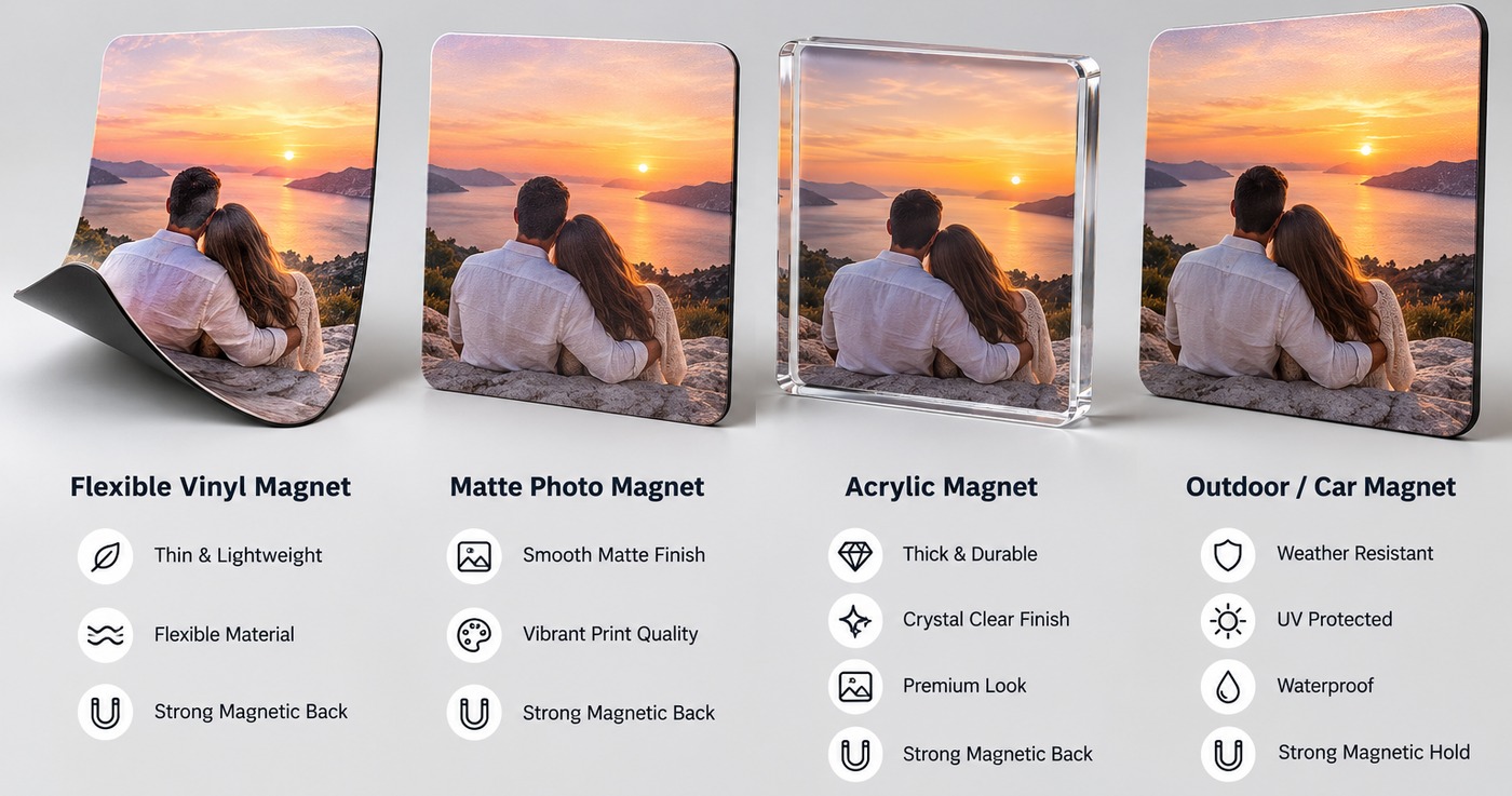 Four magnet types with the same sunset couple photo: a flexible vinyl magnet bent to show its black back, a matte photo magnet, a thick clear acrylic magnet and an outdoor car magnet