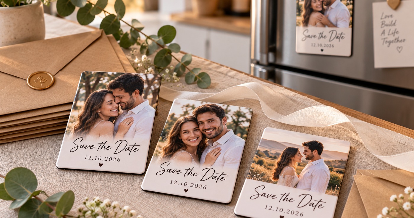Three Save the Date photo magnets with an engaged couple and the wedding date, kraft envelopes and eucalyptus, with one magnet on the fridge behind