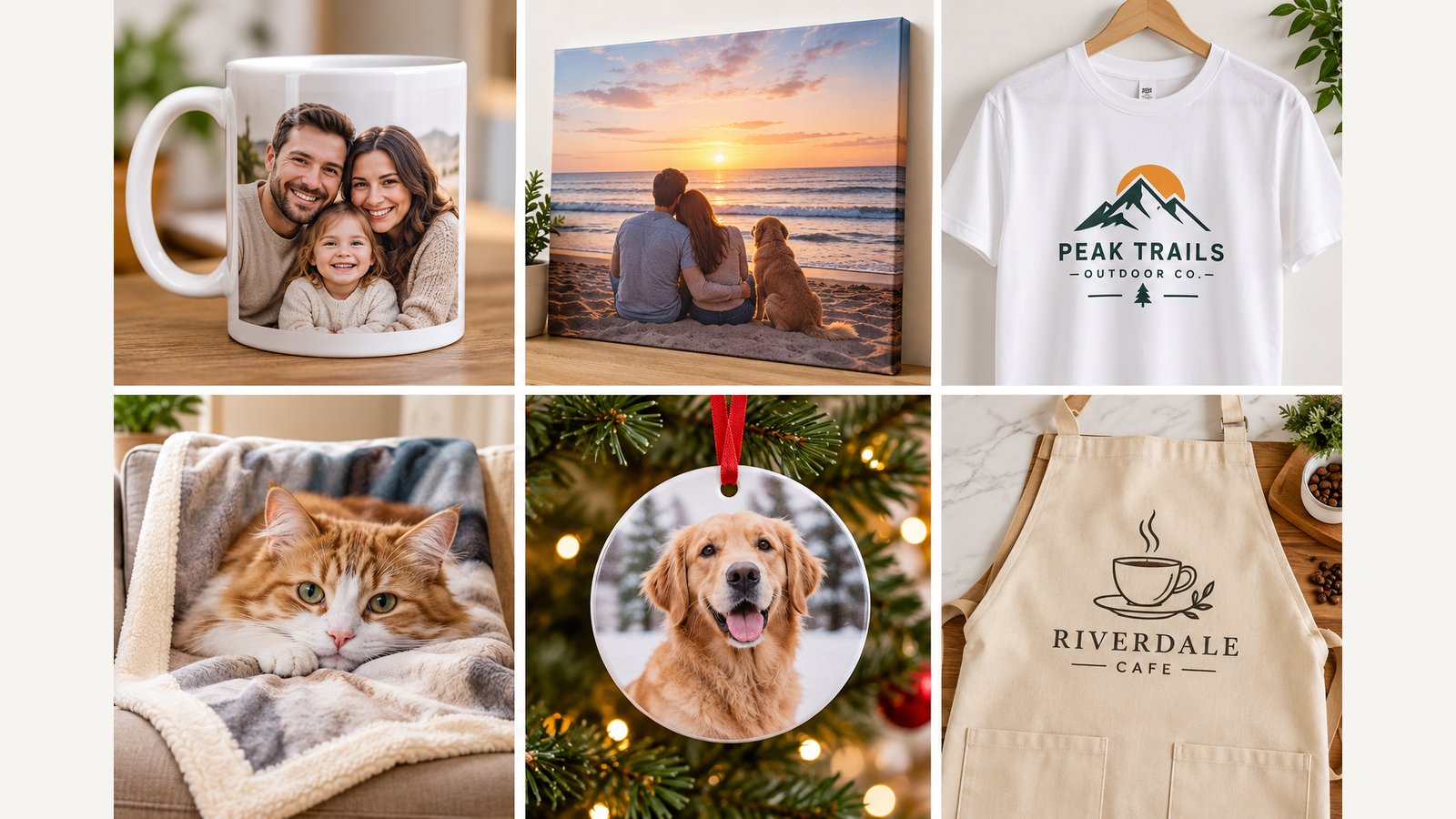 Six personalized products made from customer photos and logos: a family photo mug, a beach canvas print, a logo t-shirt, a cat photo blanket, a dog photo ornament and a cafe logo apron
