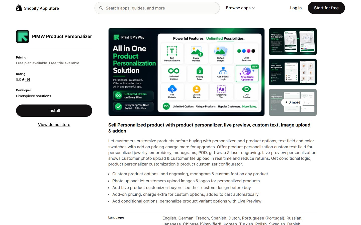 Screenshot of the PIMW Product Personalizer listing on the Shopify App Store showing text personalization, image uploads, live preview and add-on pricing features