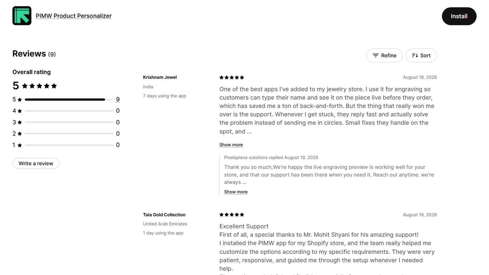 Screenshot of PIMW Product Personalizer reviews on the Shopify App Store: 5.0 overall rating from 9 reviews, with reviews from Krishnam Jewel and Tala Gold Collection