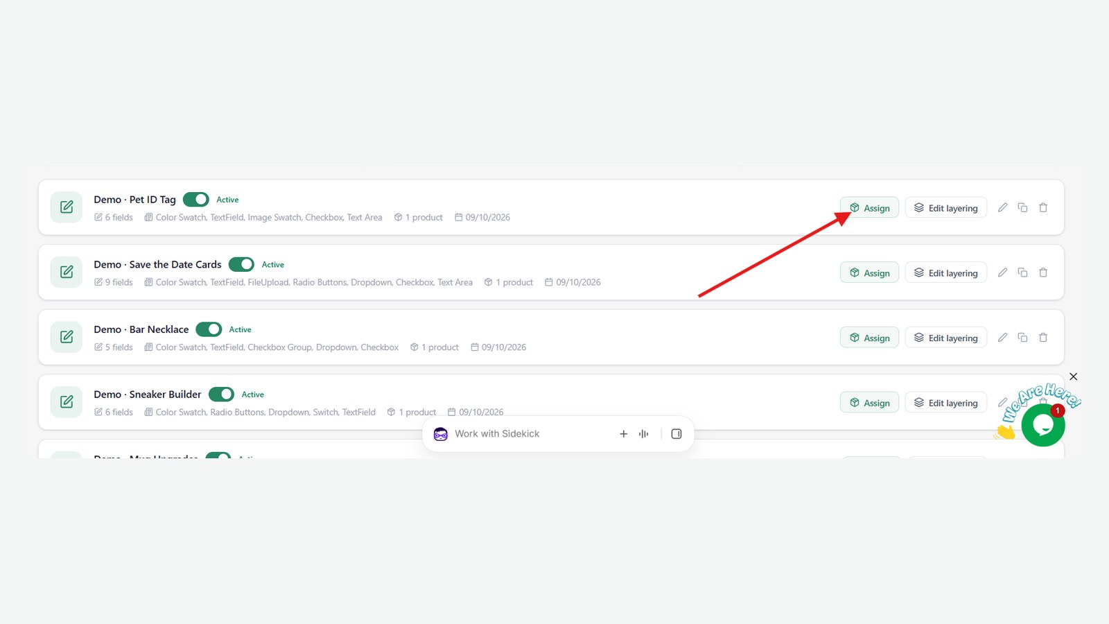 The option sets list in PIMW Product Personalizer with Active toggles and an Assign button highlighted next to each option set