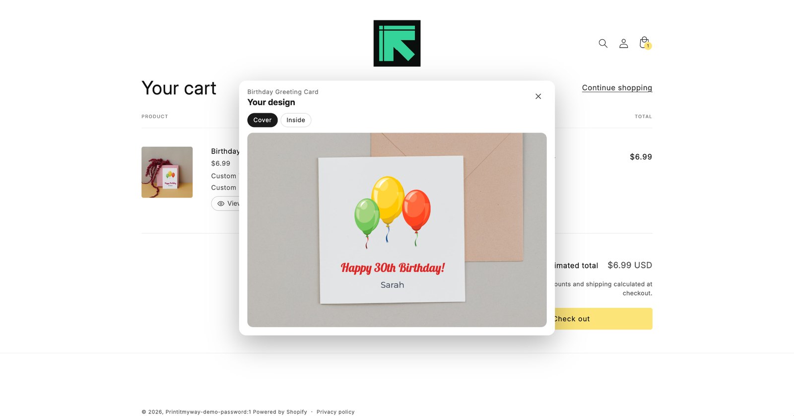 A Shopify cart with a View preview popup showing the shopper's finished birthday card cover, Happy 30th Birthday Sarah, with Cover and Inside tabs