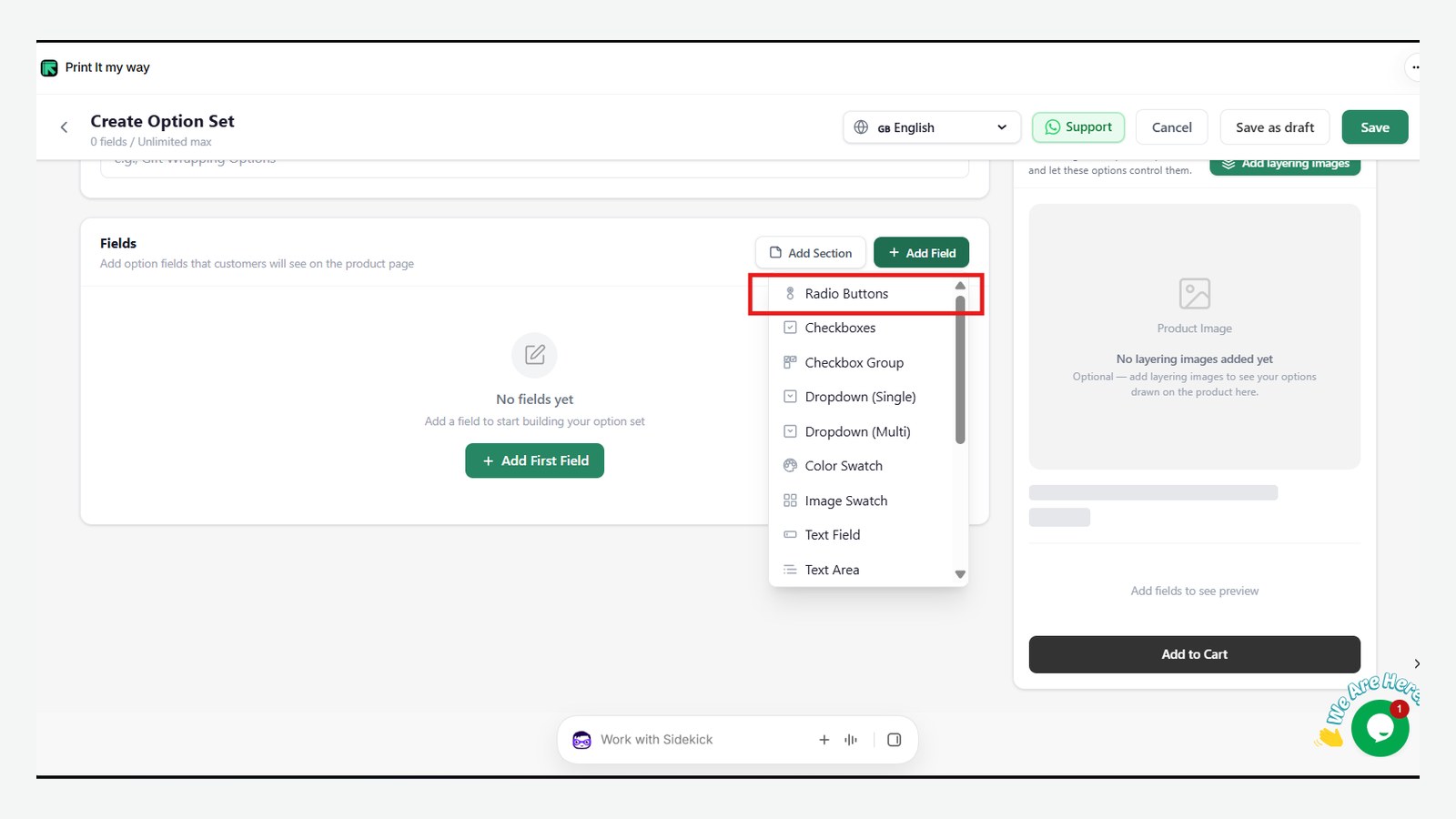 The Create Option Set screen in PIMW Product Personalizer with the Add Field menu open and Radio Buttons highlighted, above checkboxes, dropdowns, swatches and text fields