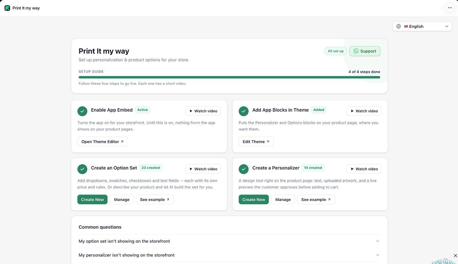 The PIMW Product Personalizer home page setup guide with four steps: Enable App Embed, Add App Blocks in Theme, Create an Option Set and Create a Personalizer, each with a video