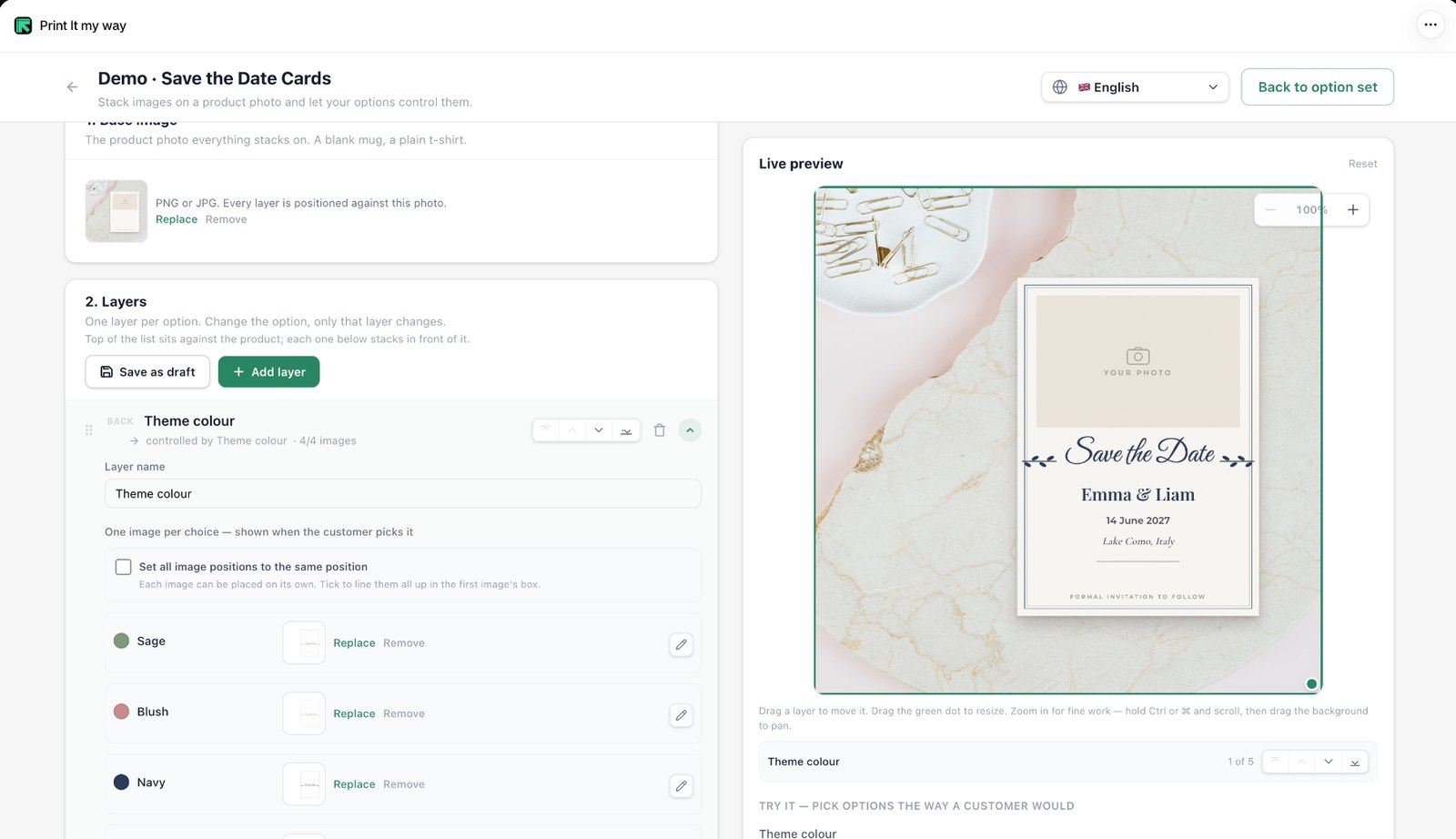 The PIMW Product Personalizer layering editor: a save-the-date card base image with layers for theme color, photo, names, wedding date and location, and a live preview showing Emma & Liam