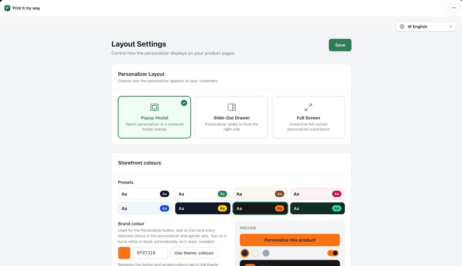 Layout Settings in PIMW Product Personalizer: Popup Modal, Slide-Out Drawer and Full Screen layouts, plus storefront color presets