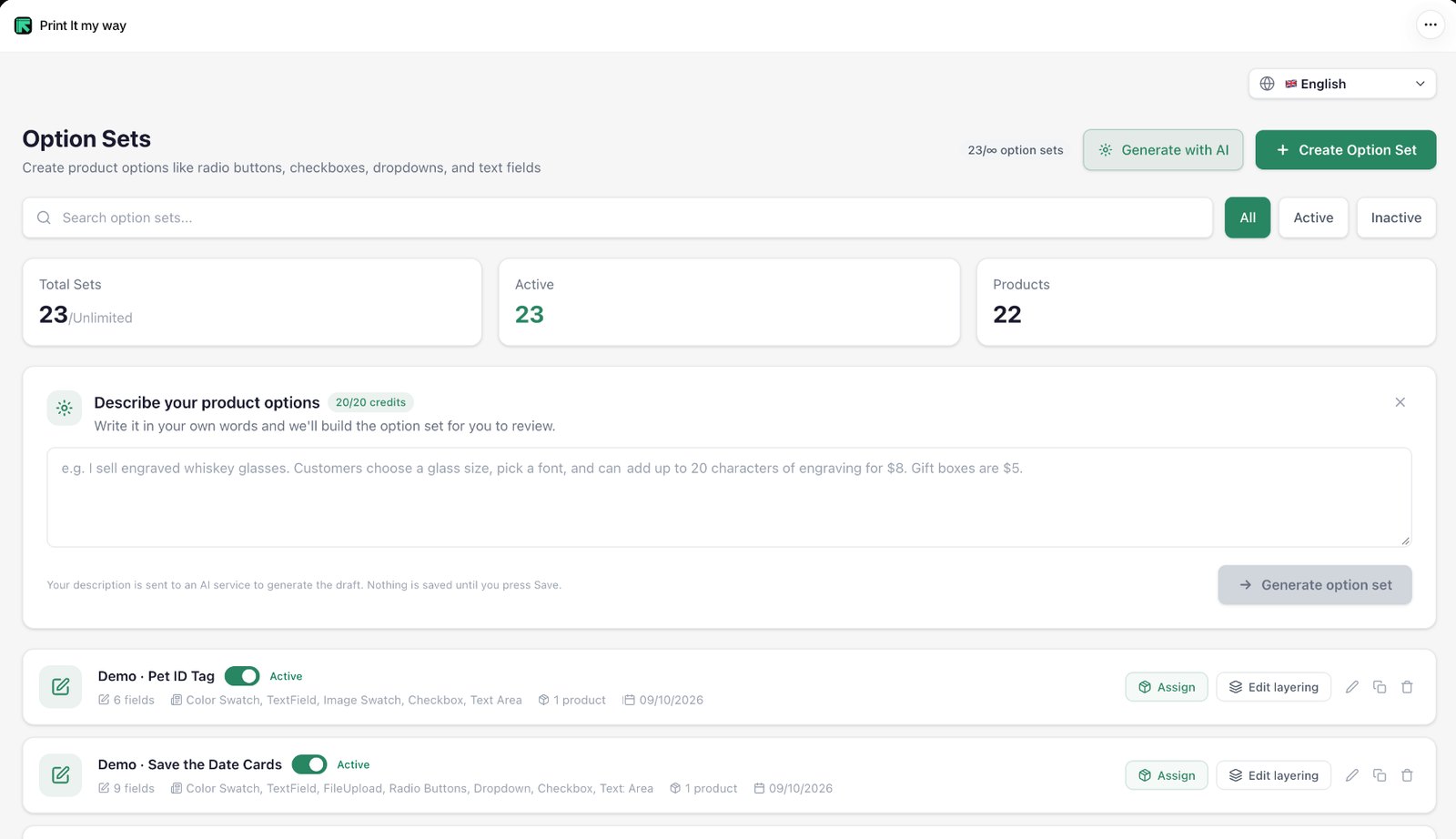 Generate with AI in PIMW Product Personalizer: a box to describe your product options in your own words, such as engraved whiskey glasses with a size, font and engraving price