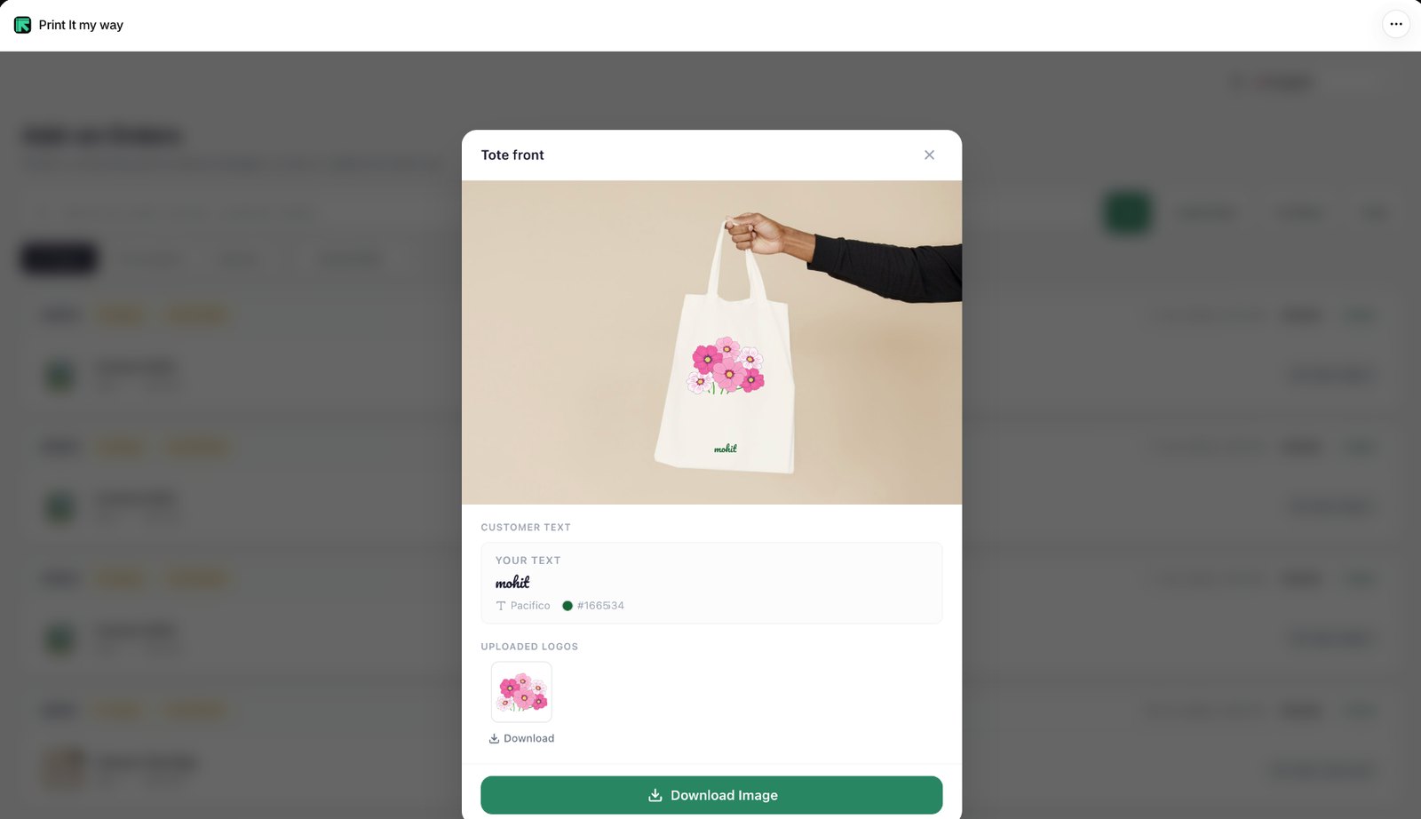 An order design preview in PIMW Product Personalizer: a tote bag with the customer's text in Pacifico, the uploaded logo with a Download link and a Download Image button