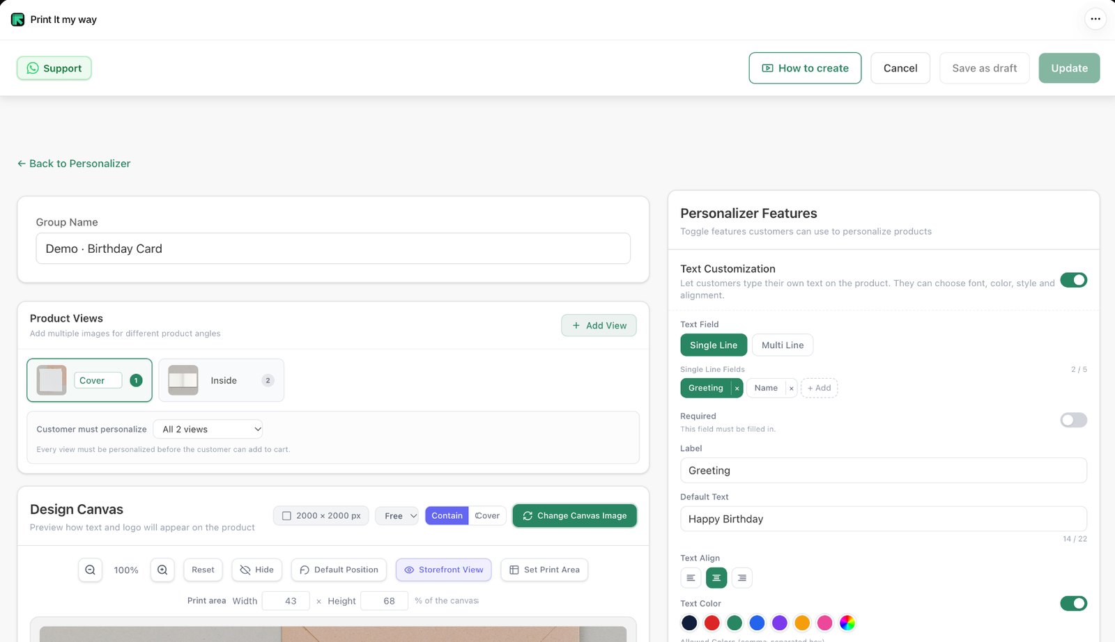 The PIMW Product Personalizer editor: Cover and Inside product views, the Customer must personalize setting, the design canvas and text customization settings for Greeting and Name fields