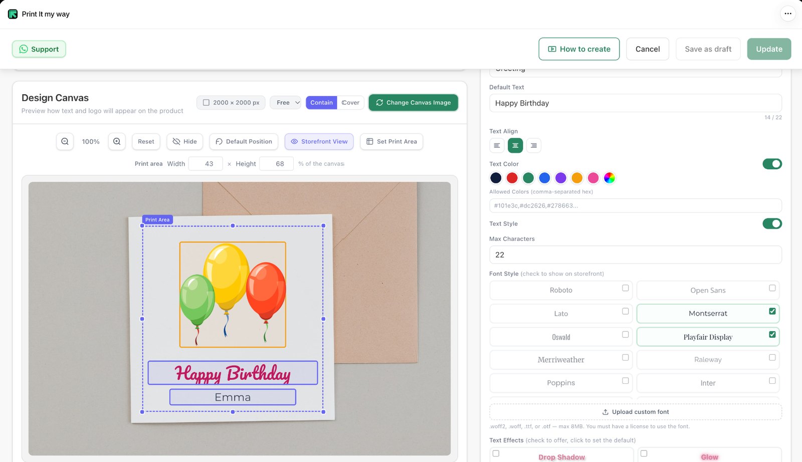 Text settings in PIMW Product Personalizer: allowed colors, max characters, Google font choices, an Upload custom font button and text effects such as Drop Shadow, Glow, Engraved and Neon