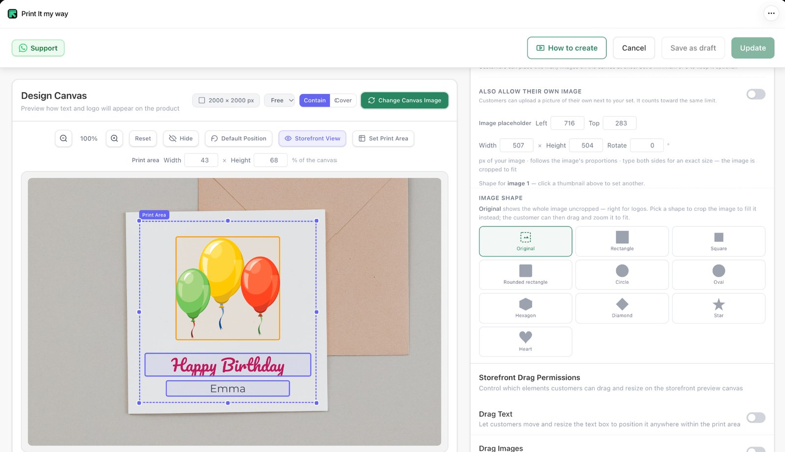Image settings in PIMW Product Personalizer: image placeholder position and size, image shapes from rectangle to heart, and storefront drag permissions for text and images