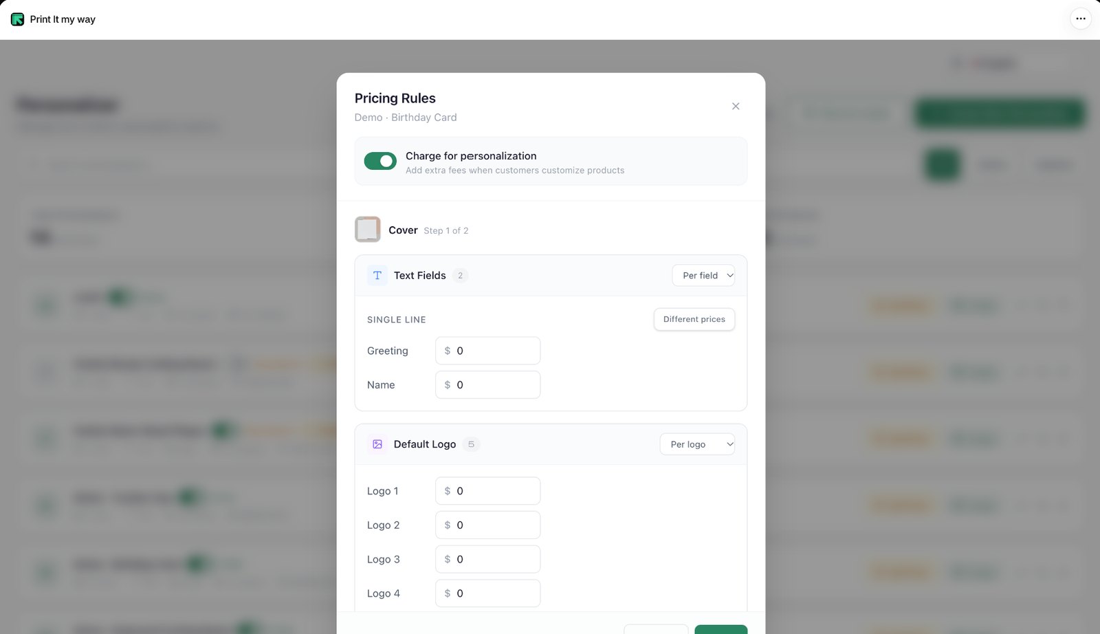 Pricing Rules in PIMW Product Personalizer: Charge for personalization switched on, with a price per text field and per logo for the card cover