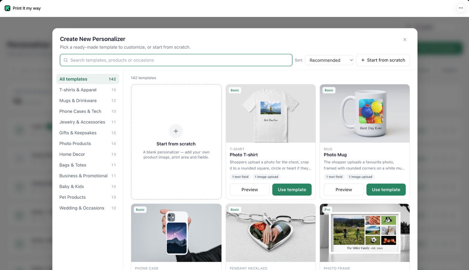 The Create New Personalizer template library in PIMW Product Personalizer with 142 templates in 12 categories, including Photo T-shirt, Photo Mug, Photo Phone Case and Photo Heart Pendant